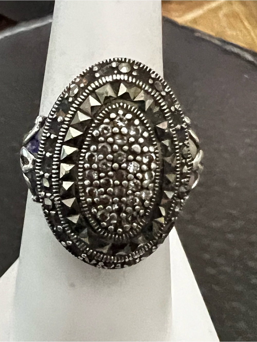 Sterling Silver Marcasite Oval Statement Ring - Silver